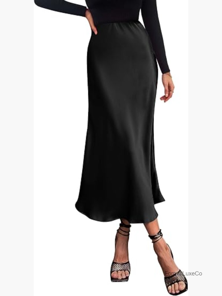 High Waisted A Line Midi Satin Skirt Flowy Elegant Dressy Casual Fall Wedding